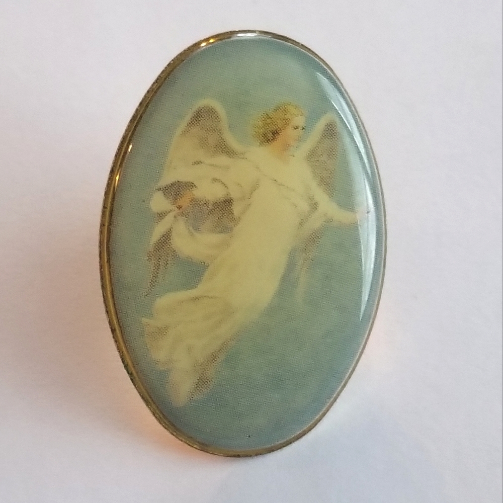 Vintage guardian angel pin pastel blue gold tone religious catholic Christian